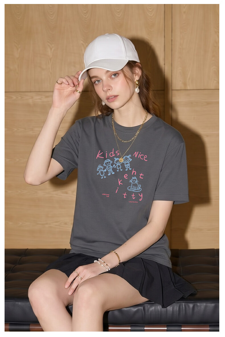 TonLion Women's Heavyweight Cotton Short Sleeve T-Shirt Loose Fit American Style Simple Line Drawing Print Summer New Trendy Petite Top 20