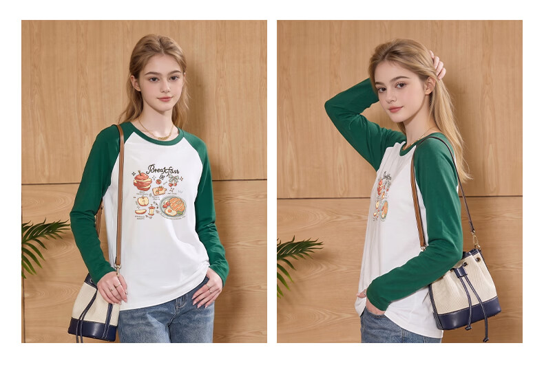 TonLion Women's Pure Cotton Long Sleeve T-Shirt Spring and Autumn New Heavyweight Color Block Loose Slim Trendy Base Shirt 11