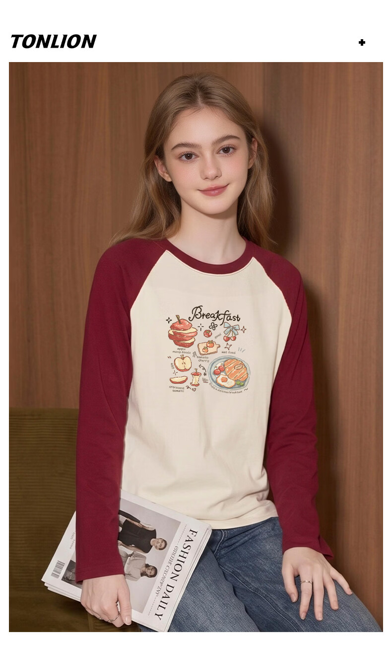 TonLion Women's Pure Cotton Long Sleeve T-Shirt Spring and Autumn New Heavyweight Color Block Loose Slim Trendy Base Shirt 7