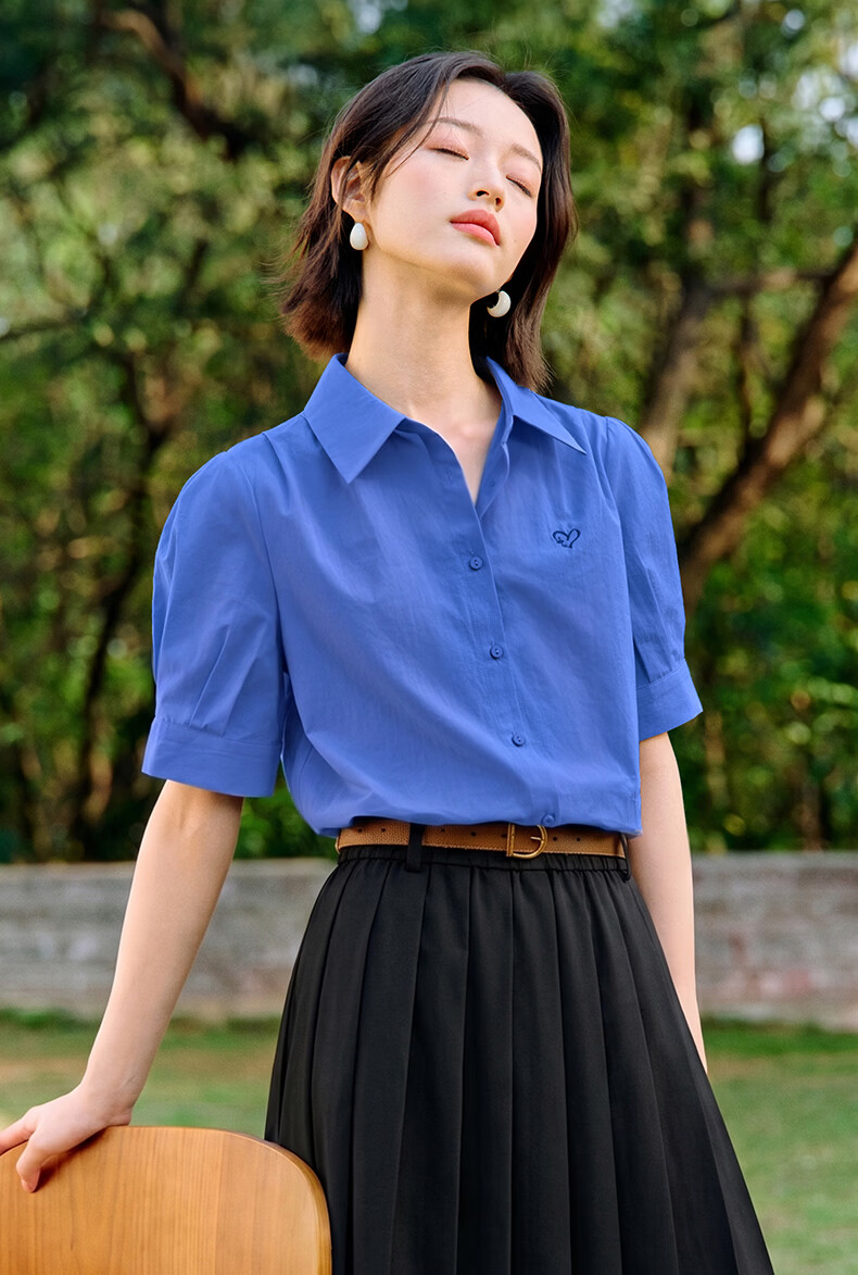 Inman Commuter Pleated Puff Sleeve 100% Cotton Shirt Summer Women's Turn-down Collar Embroidered Blouse Klein Blue S 15