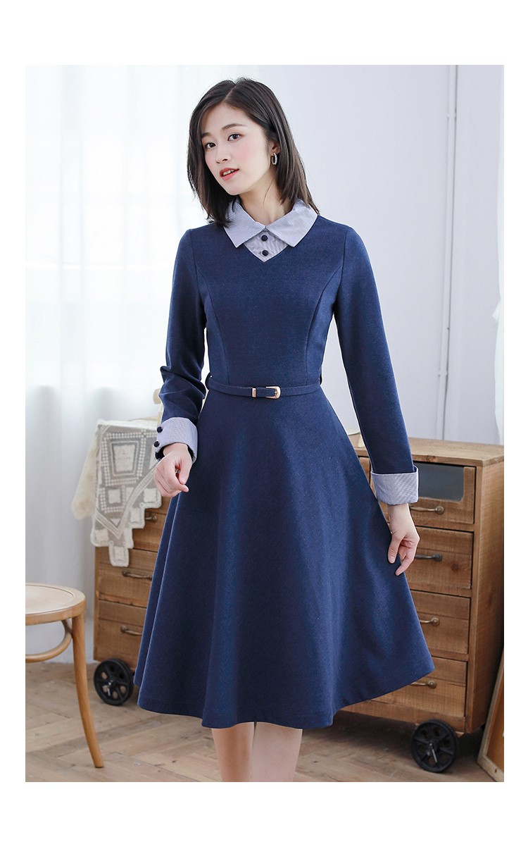 勿忘花针织连衣裙女装冬季新款中长款气质衬衫裙职业长袖裙子 深蓝色