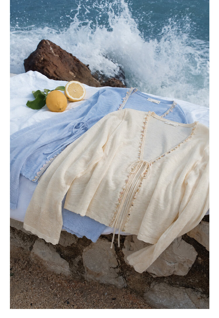 INMAN Beaded Knit Cardigan Summer 2026 Women's Hollow Long Sleeve Flower Apricot M 4
