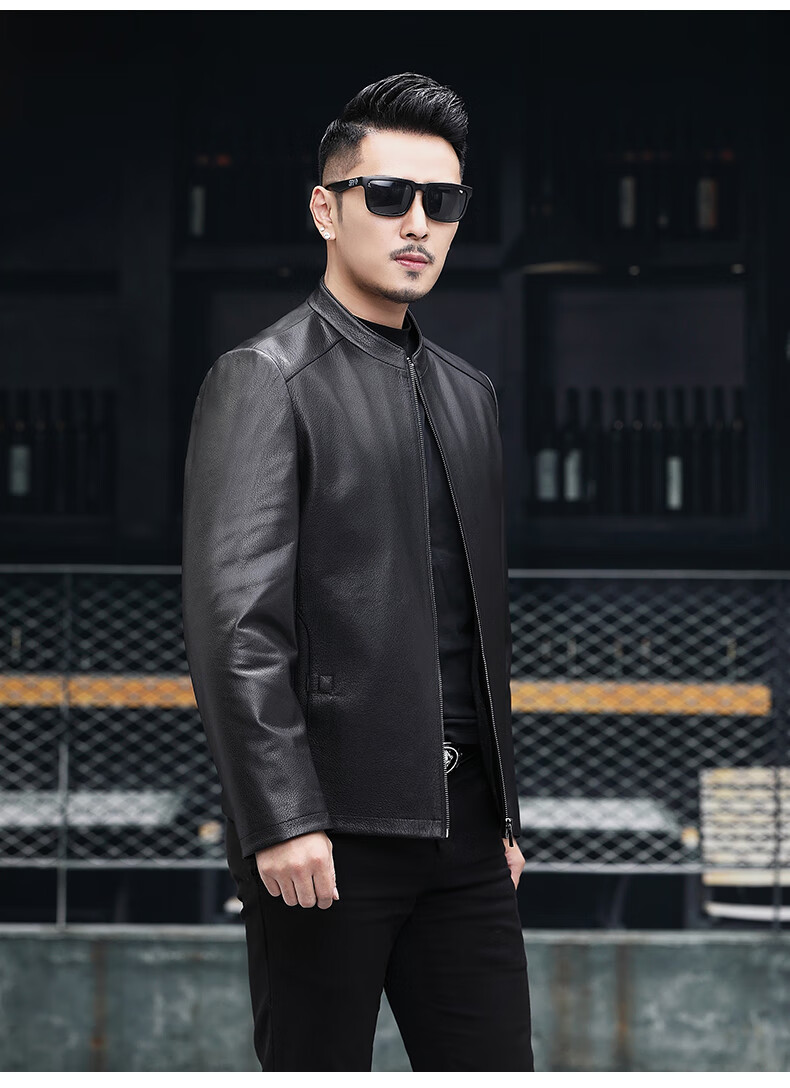 山羊皮真皮皮衣男立领夹克 2019春秋新款中年男士外套黑色 黑色 195