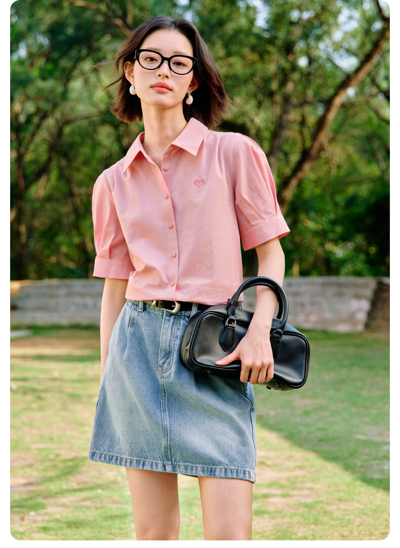 Inman Commuter Pleated Puff Sleeve 100% Cotton Shirt Summer Women's Turn-down Collar Embroidered Blouse Klein Blue S 14