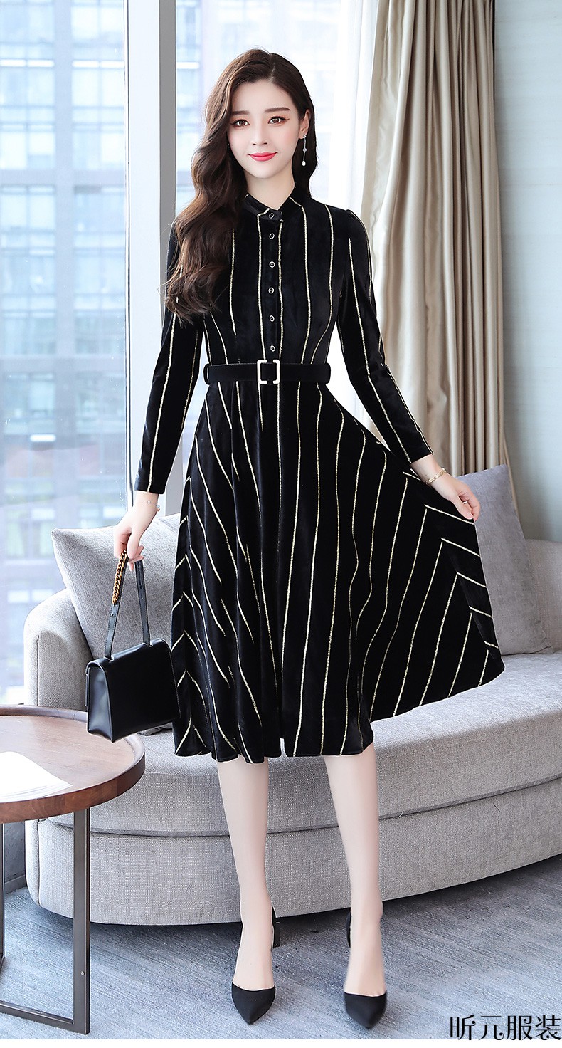 秋款连衣裙长袖气质显瘦金丝绒连衣裙高档2019春秋季金丝绒连衣裙女长