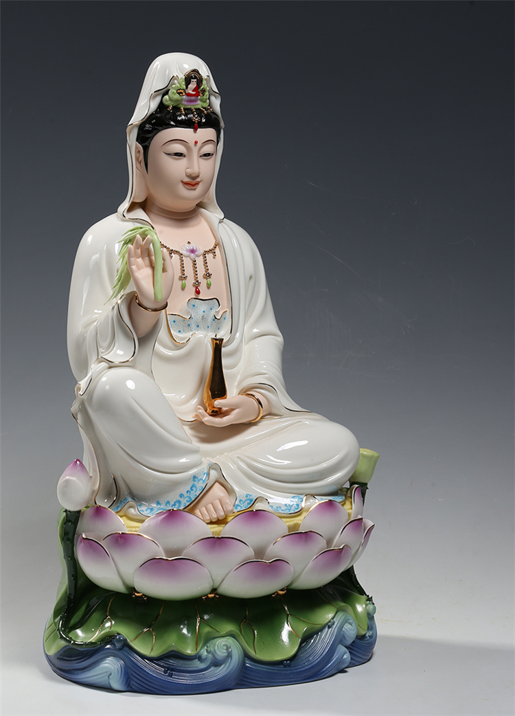 微美10至16吋水莲观音佛像供奉观世音菩萨家用佛教佛堂陶瓷摆件 彩底