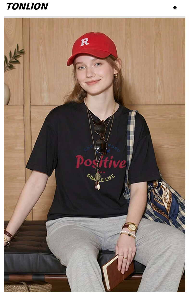 TonLion Cotton Short Sleeve T-Shirt for Women Summer New Loose Slim Fit Base Layer Half Sleeve Trendy Letter Design Top 17