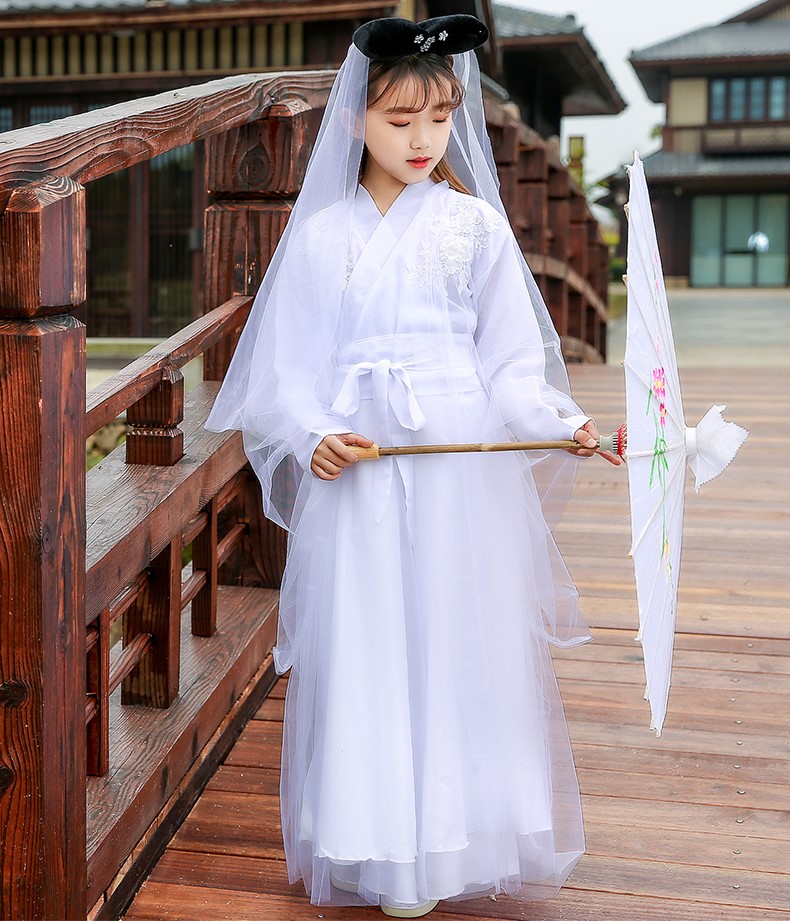 儿童白素贞女童古装汉服中国风古典舞蹈演出服元旦秋冬 白色衣服
