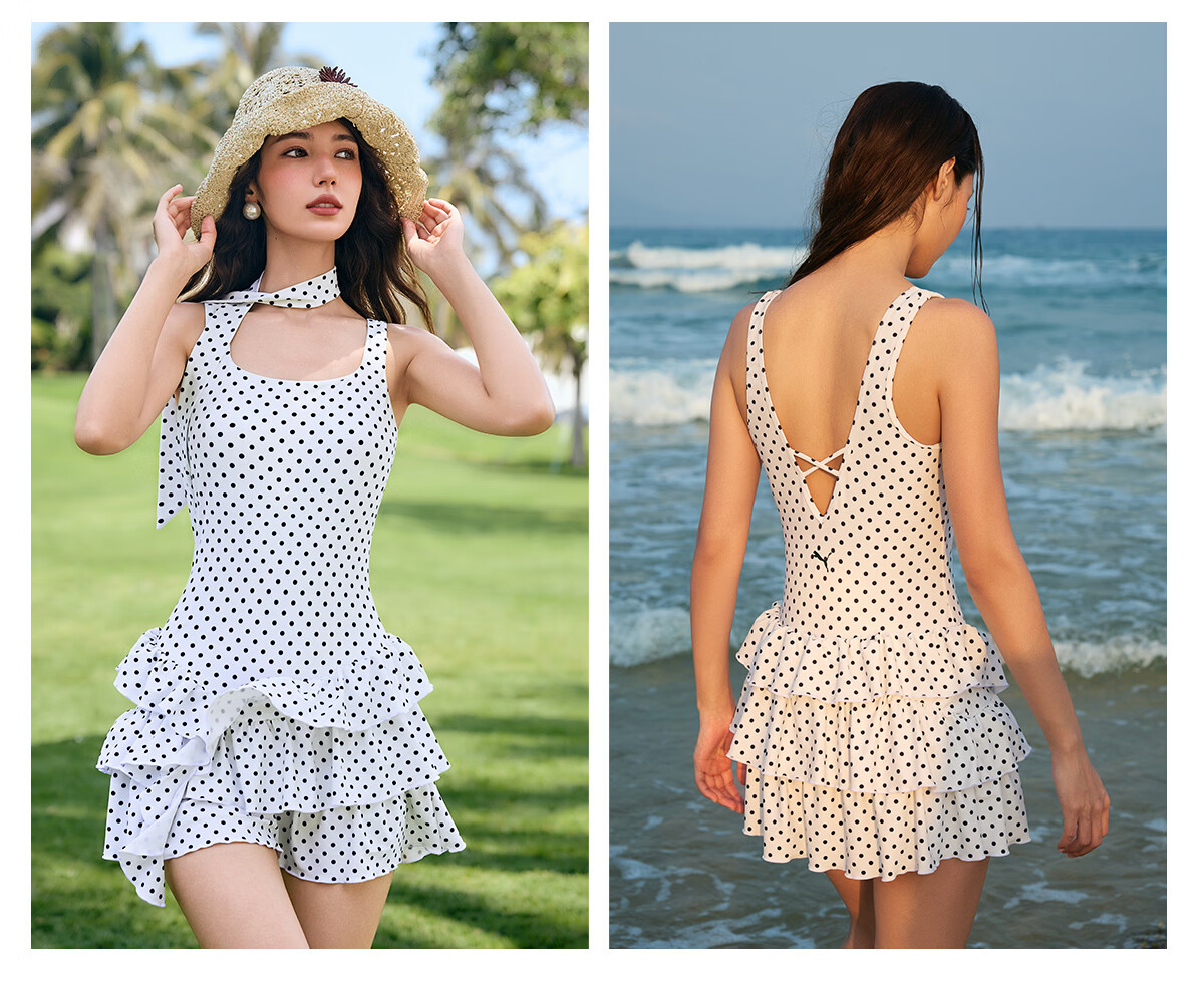 PUMA Women's Retro Polka Dot One-Piece Swimsuit with Skirt, Slimming, Anti-Exposure, Comfortable, Sun Protection, Cake Skirt, Vacation Swimwear 25