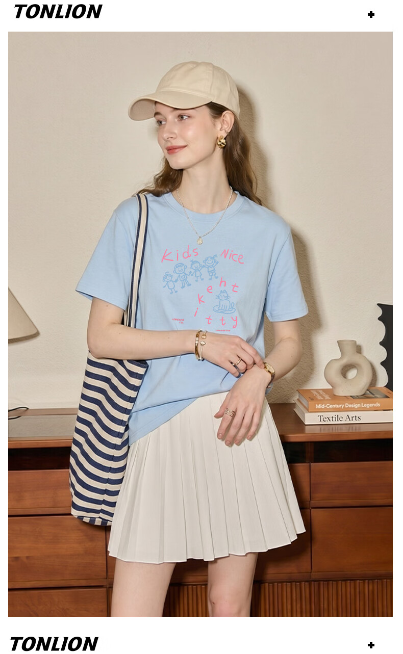TonLion Women's Heavyweight Cotton Short Sleeve T-Shirt Loose Fit American Style Simple Line Drawing Print Summer New Trendy Petite Top 12