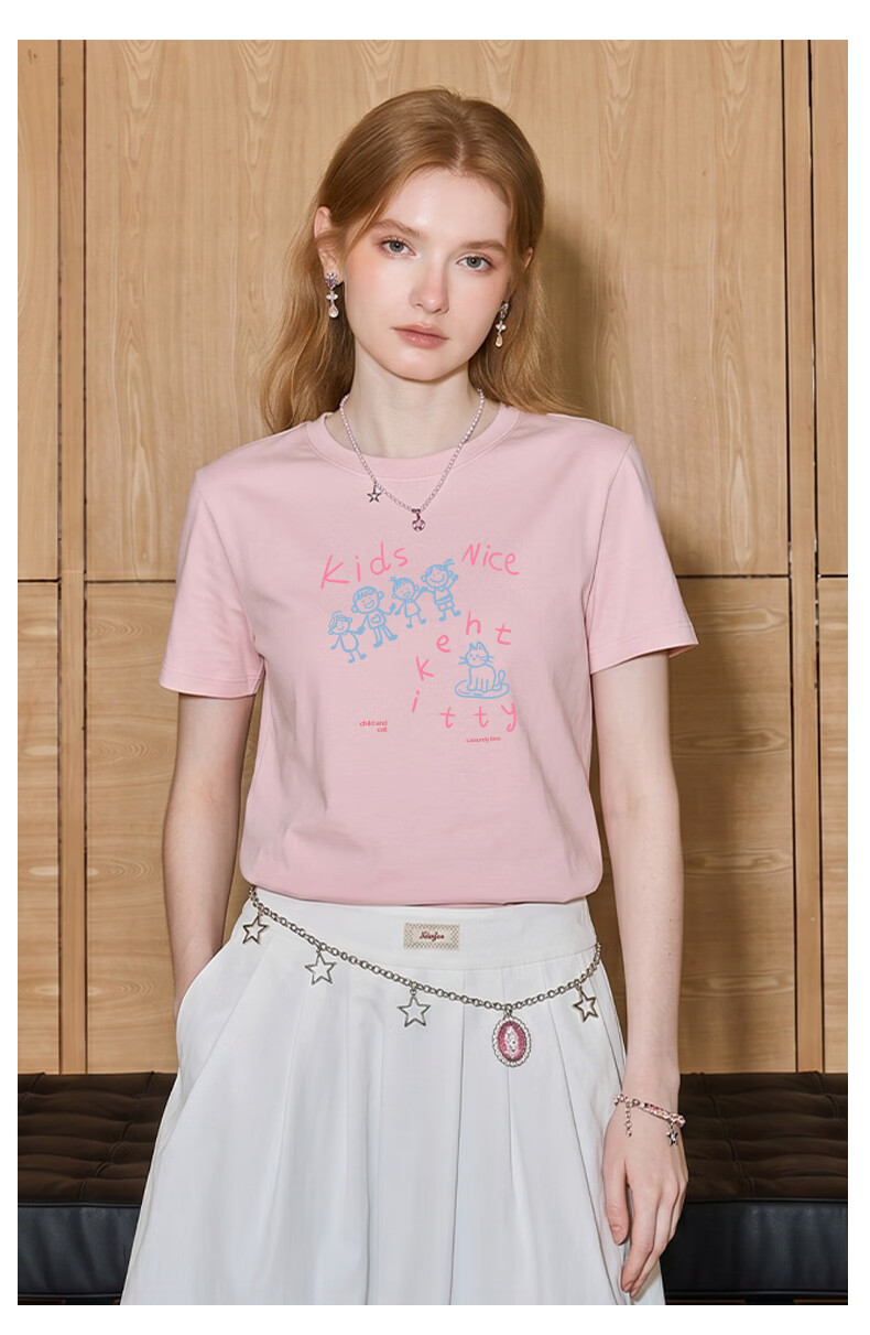 TonLion Women's Heavyweight Cotton Short Sleeve T-Shirt Loose Fit American Style Simple Line Drawing Print Summer New Trendy Petite Top 16