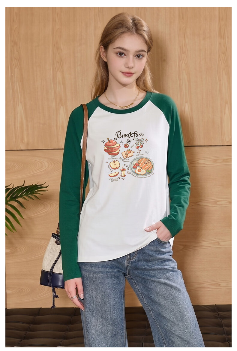 TonLion Women's Pure Cotton Long Sleeve T-Shirt Spring and Autumn New Heavyweight Color Block Loose Slim Trendy Base Shirt 12