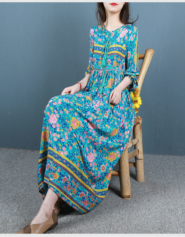 女装新款复古民族风棉质印花连衣裙女春夏季长款大摆裙宽松波西米亚