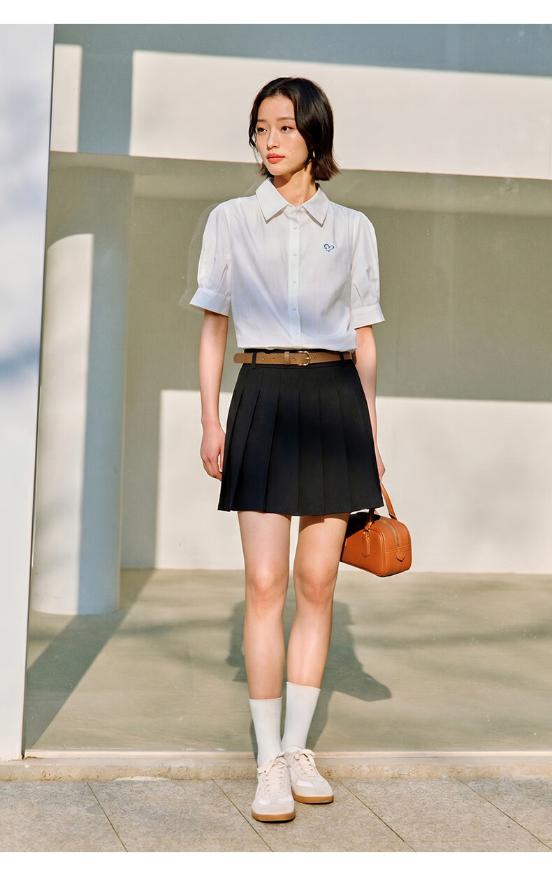 Inman Commuter Pleated Puff Sleeve 100% Cotton Shirt Summer Women's Turn-down Collar Embroidered Blouse Klein Blue S 20