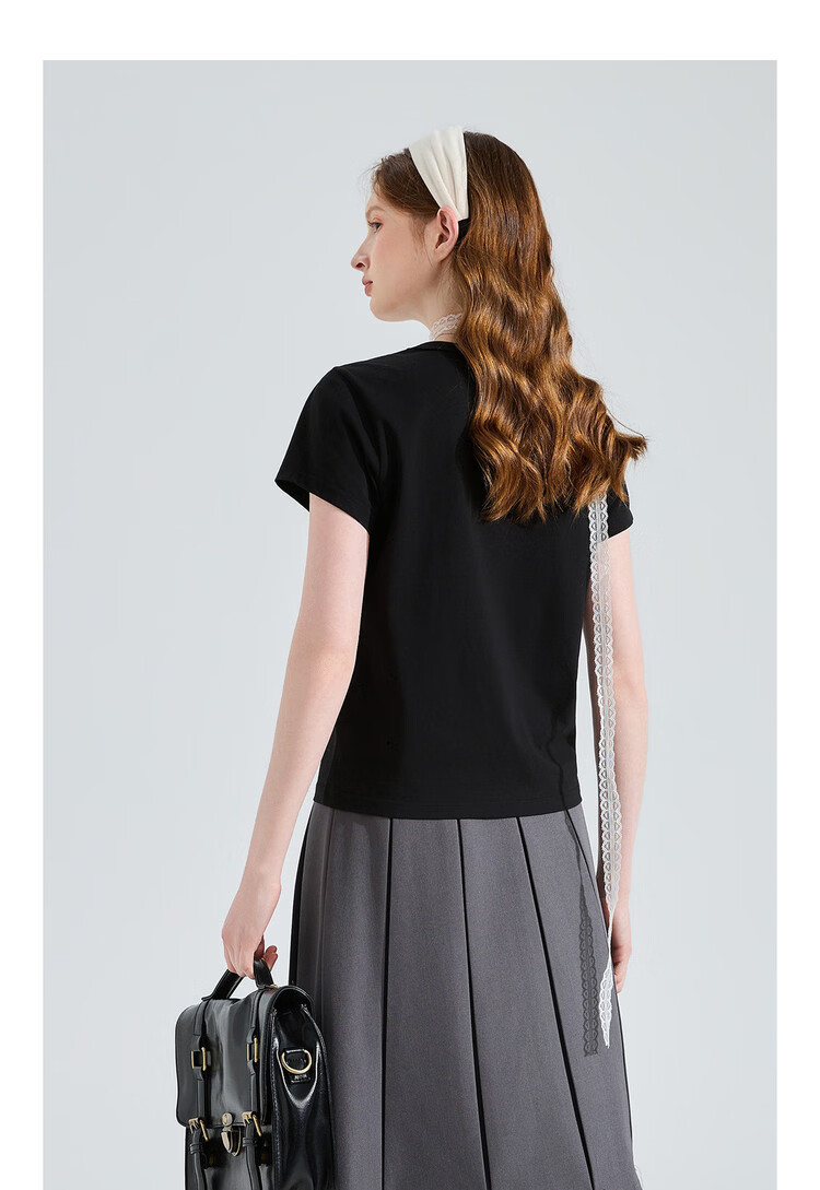 TonLion 2026 Summer New Short Sleeve T-Shirt for Women Black Bow Design Casual Early Spring Youthful Style 12