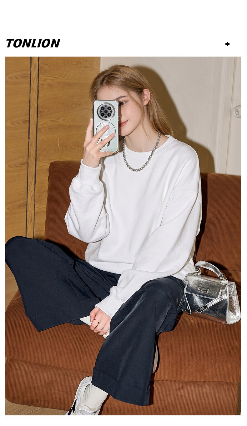 TonLion Women's Sweatshirt Spring and Autumn New Round Neck Pullover Casual Trendy Loose Long Sleeve Top 12