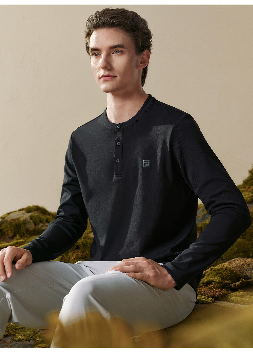 FILA Men's Knitted Long Sleeve T-Shirt 2026 Autumn Henry Collar Sports Fitness Quick-Dry Long Tee 7