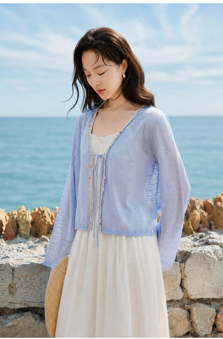 INMAN Beaded Knit Cardigan Summer 2026 Women's Hollow Long Sleeve Flower Apricot M 19