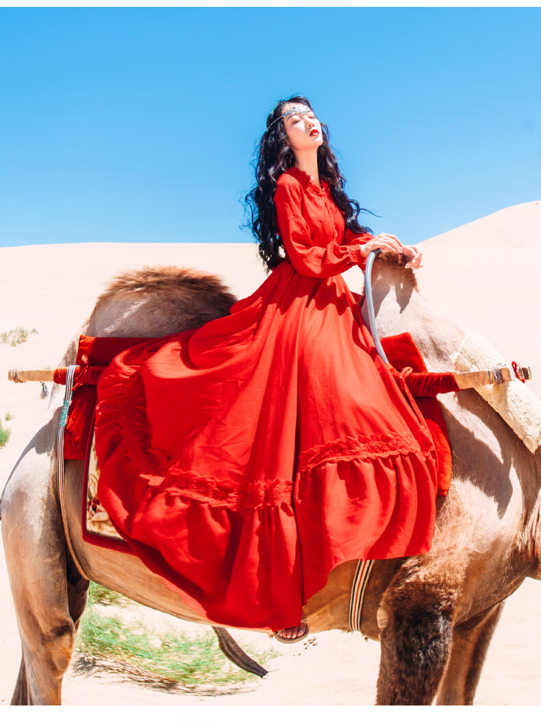 热天穿的沙漠旅游拍照衣服女连衣裙复古民族风斗篷披风连帽超仙红色长