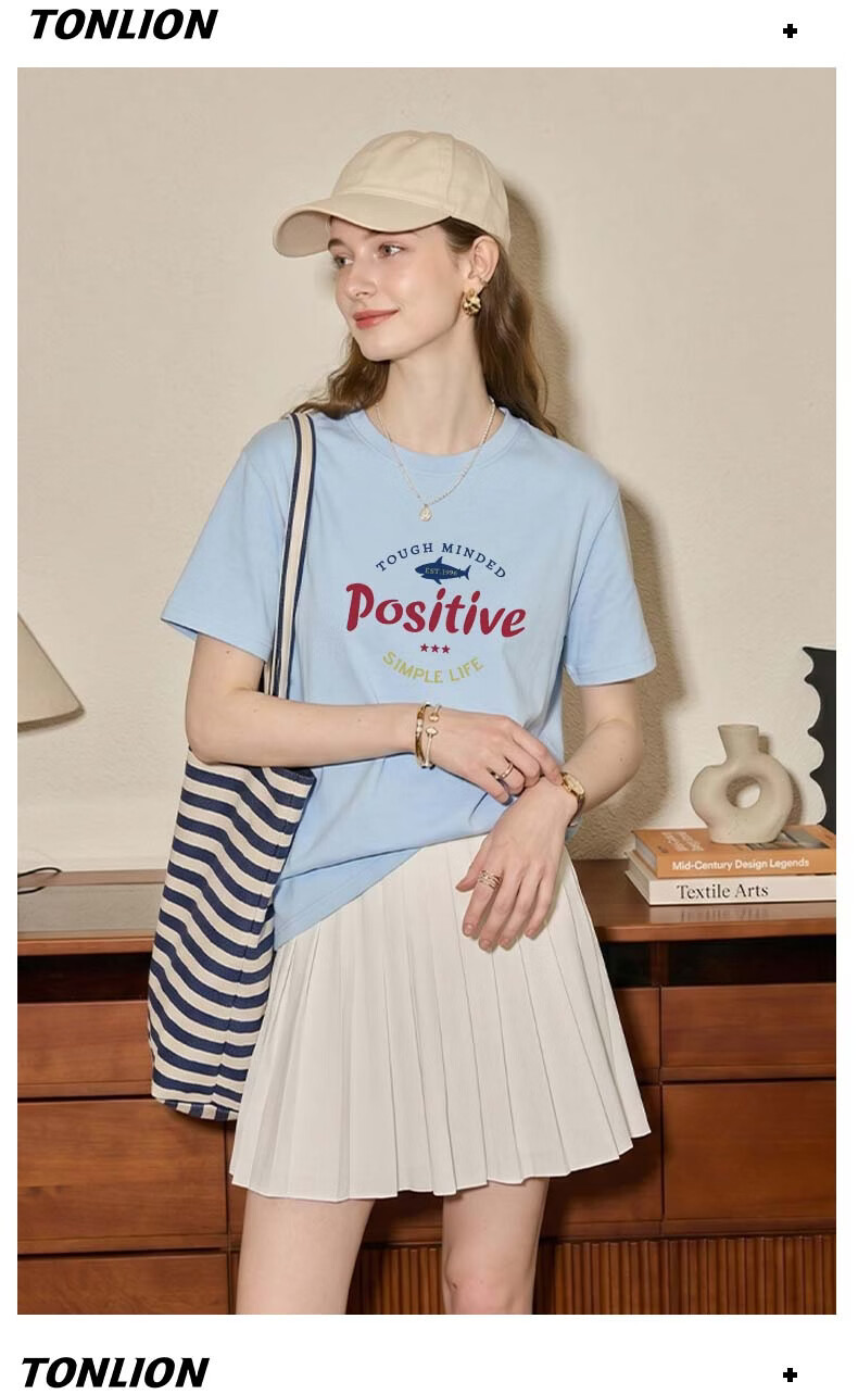 TonLion Cotton Short Sleeve T-Shirt for Women Summer New Loose Slim Fit Base Layer Half Sleeve Trendy Letter Design Top 12