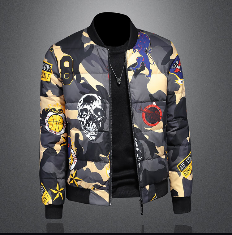 宾牧鸟 欧洲站羽绒服男冬季潮流骷髅头印花羽绒衣冬季白鸭绒保暖迷彩