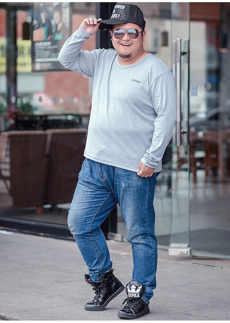 300斤大码t恤男长袖加肥加大宽松圆领弹力纯棉胖子肥佬打底衫薄款