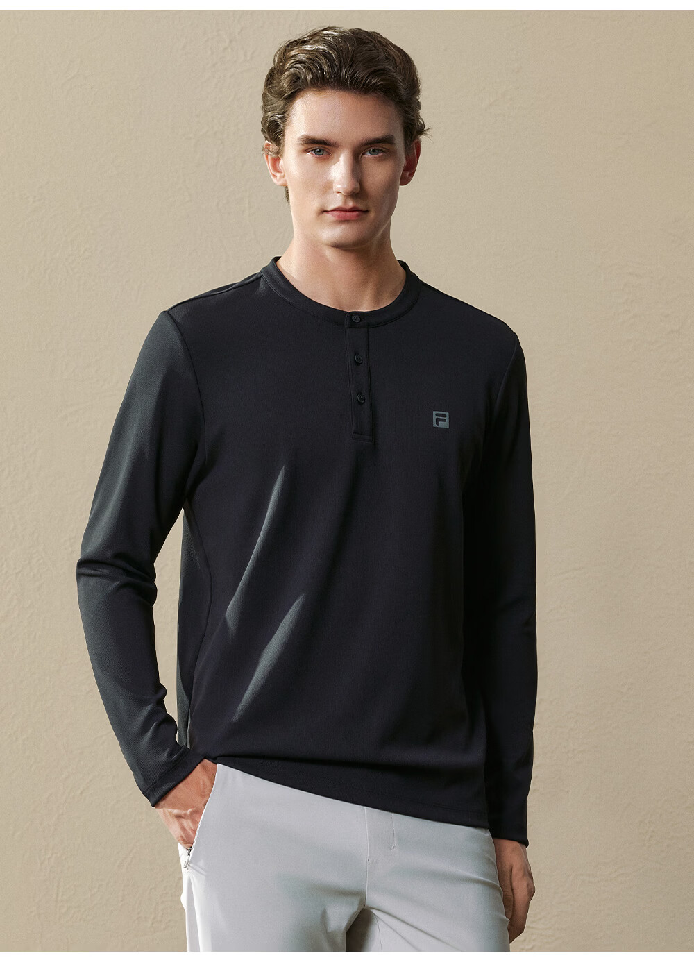 FILA Men's Knitted Long Sleeve T-Shirt 2026 Autumn Henry Collar Sports Fitness Quick-Dry Long Tee 6