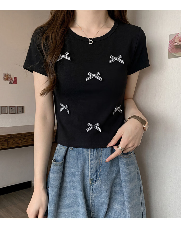 TonLion 2026 Summer New Short Sleeve T-Shirt for Women Black Bow Design Casual Early Spring Youthful Style 9