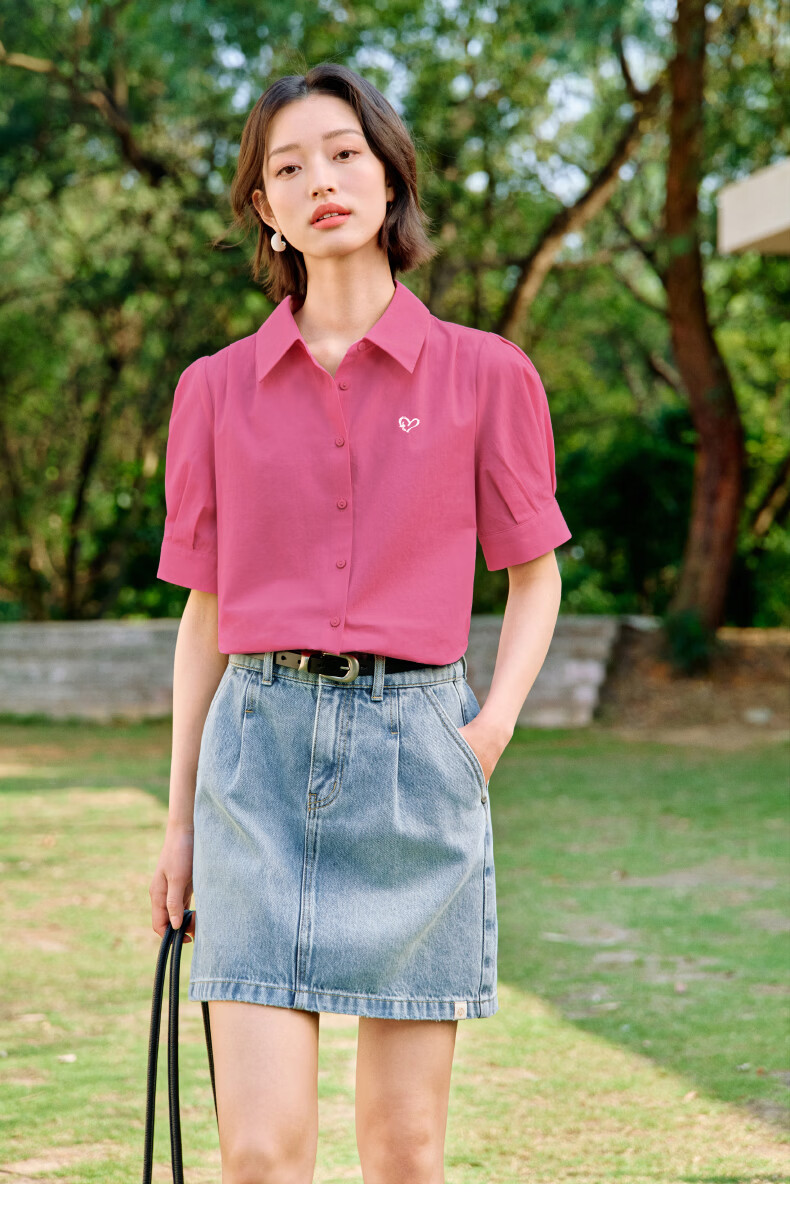 Inman Commuter Pleated Puff Sleeve 100% Cotton Shirt Summer Women's Turn-down Collar Embroidered Blouse Klein Blue S 23