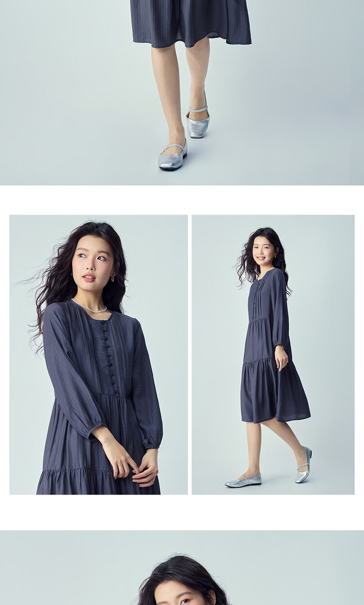 Giordano Women's Loose Pleated Striped Round Neck Half-Placket Dress 2026 Autumn 05466066 14