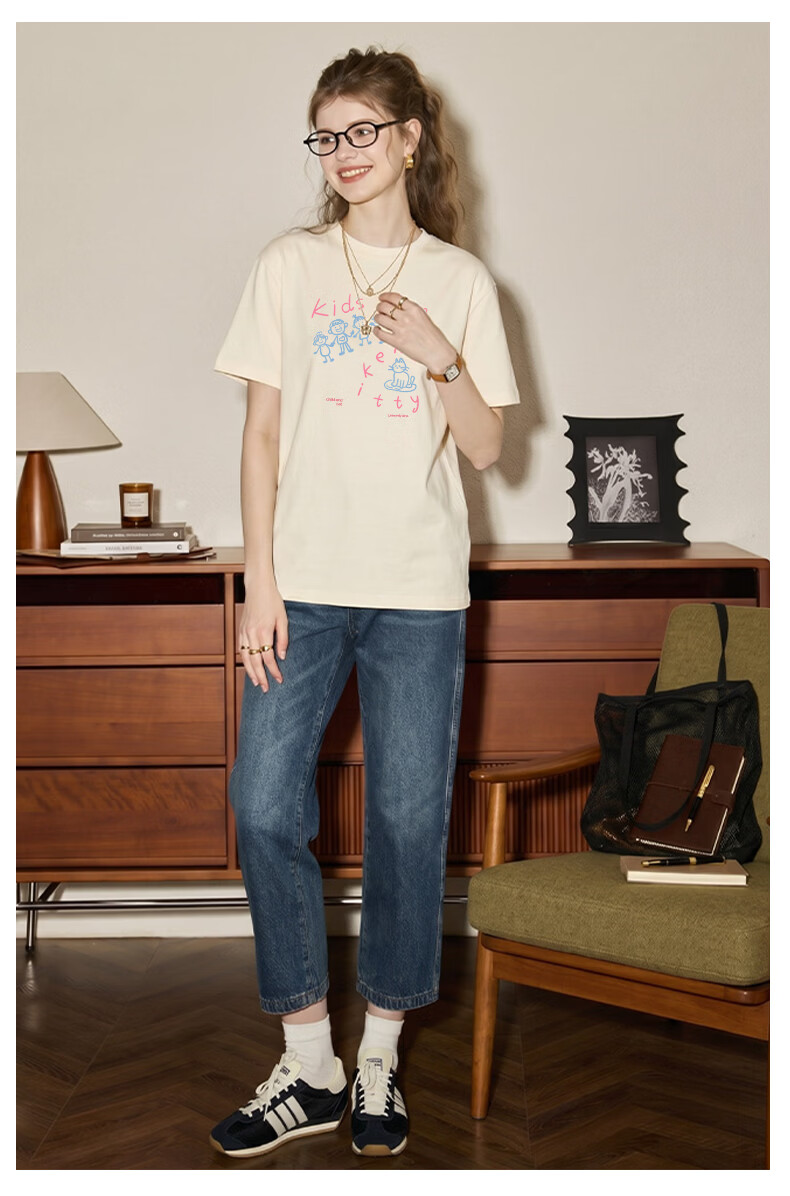 TonLion Women's Heavyweight Cotton Short Sleeve T-Shirt Loose Fit American Style Simple Line Drawing Print Summer New Trendy Petite Top 13