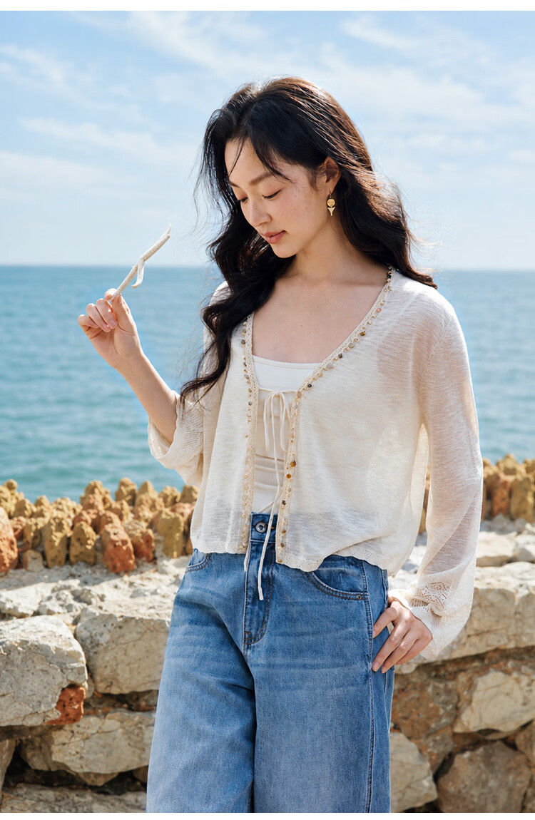 INMAN Beaded Knit Cardigan Summer 2026 Women's Hollow Long Sleeve Flower Apricot M 23