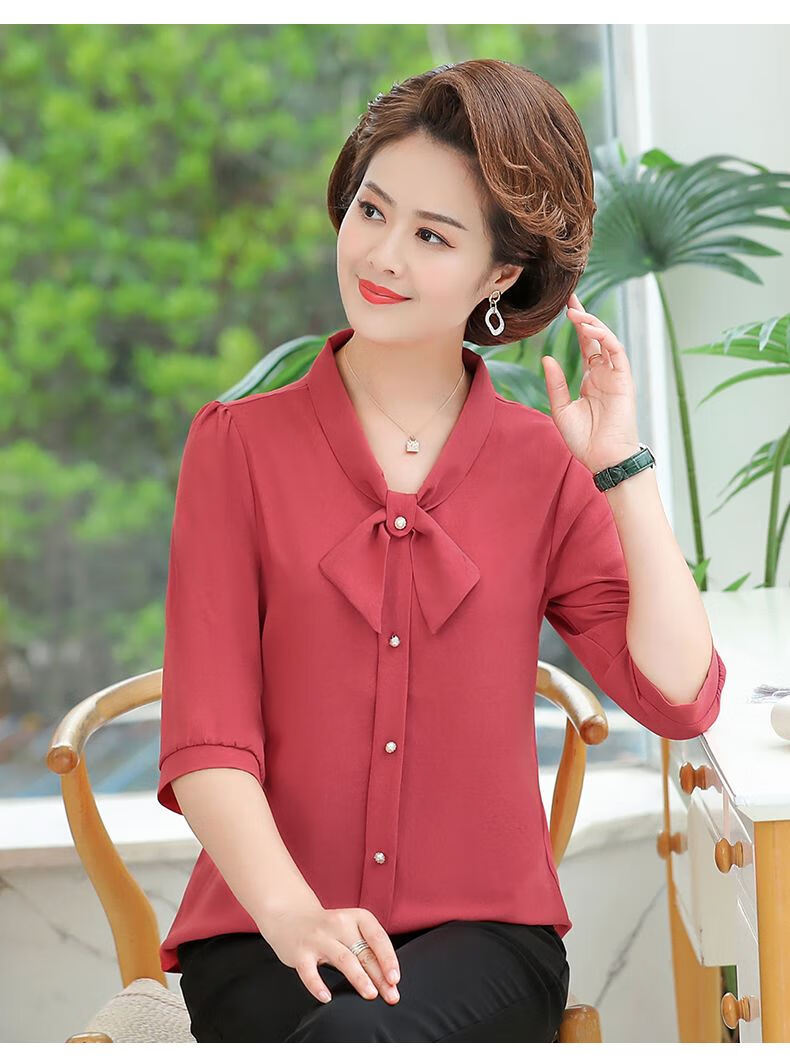 初秋新款中年妈子八分袖上衣洋气中咾年女装衬衫雪纺小衫 红色 xl