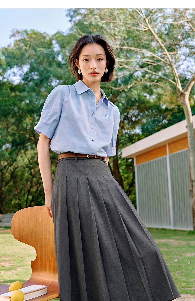 Inman Commuter Pleated Puff Sleeve 100% Cotton Shirt Summer Women's Turn-down Collar Embroidered Blouse Klein Blue S 19
