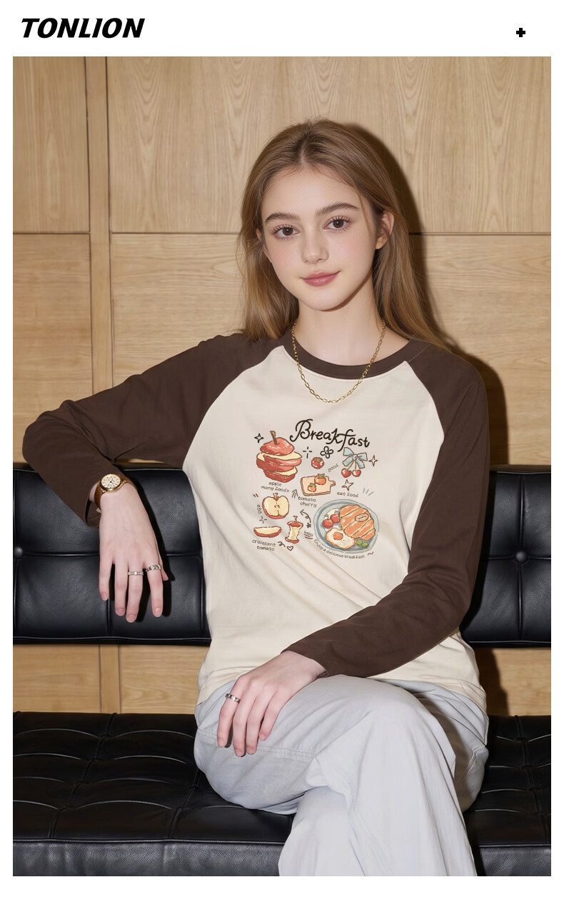 TonLion Women's Pure Cotton Long Sleeve T-Shirt Spring and Autumn New Heavyweight Color Block Loose Slim Trendy Base Shirt 10