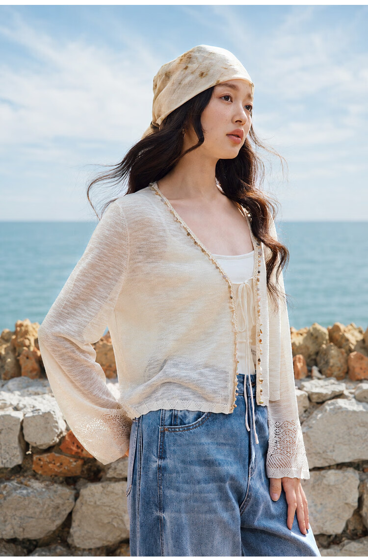 INMAN Beaded Knit Cardigan Summer 2026 Women's Hollow Long Sleeve Flower Apricot M 24