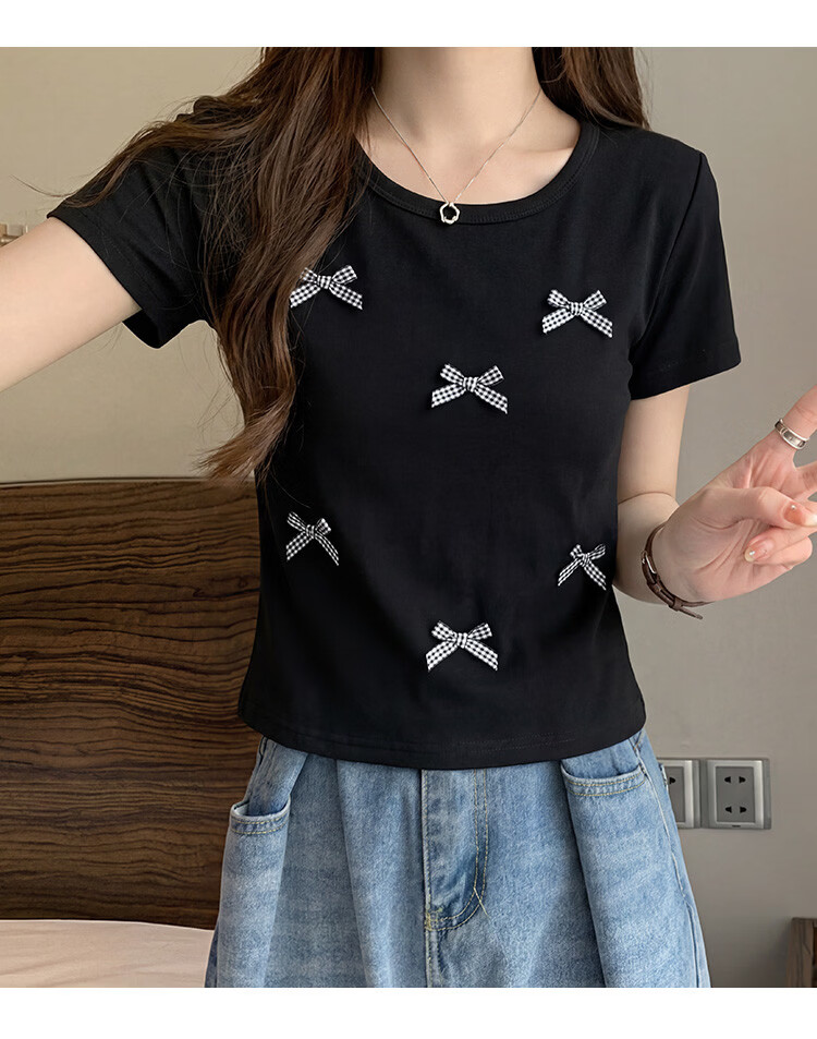 TonLion 2026 Summer New Short Sleeve T-Shirt for Women Black Bow Design Casual Early Spring Youthful Style 8