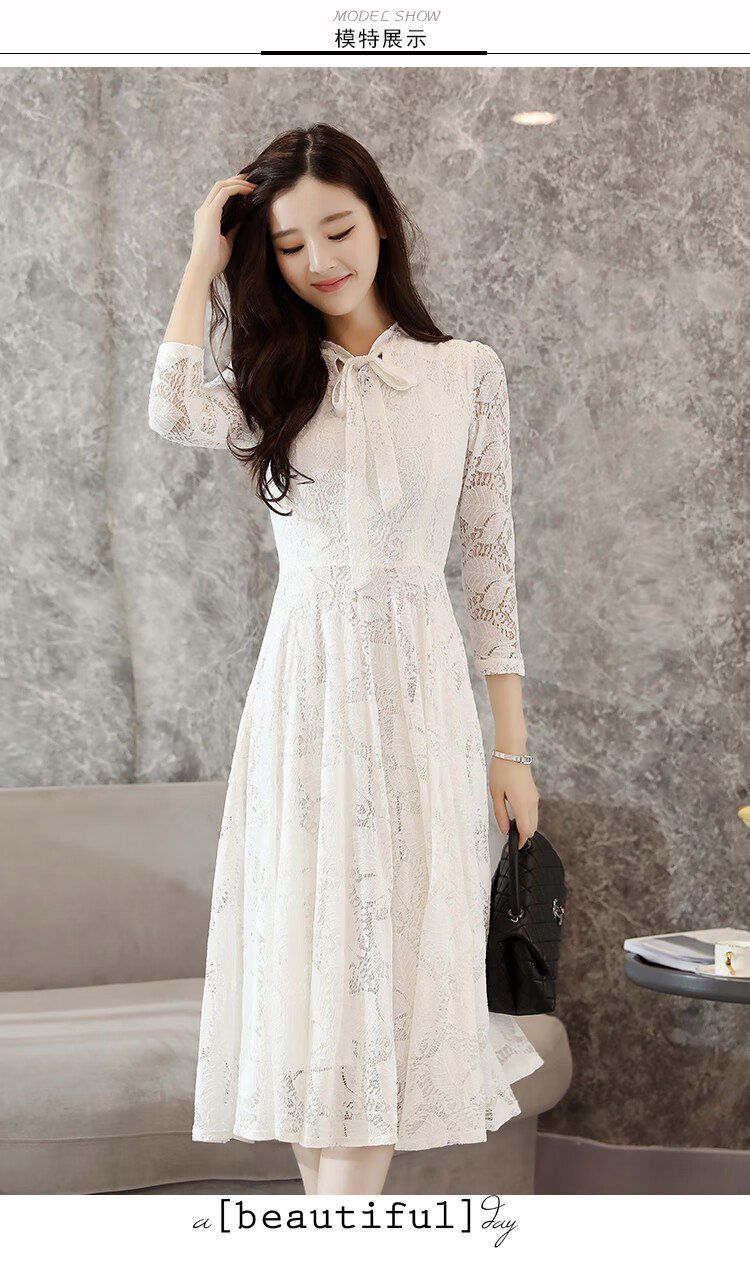 【好质量】潮流服饰蕾丝连衣裙女中长款2019秋装韩版修身显瘦蝴蝶结