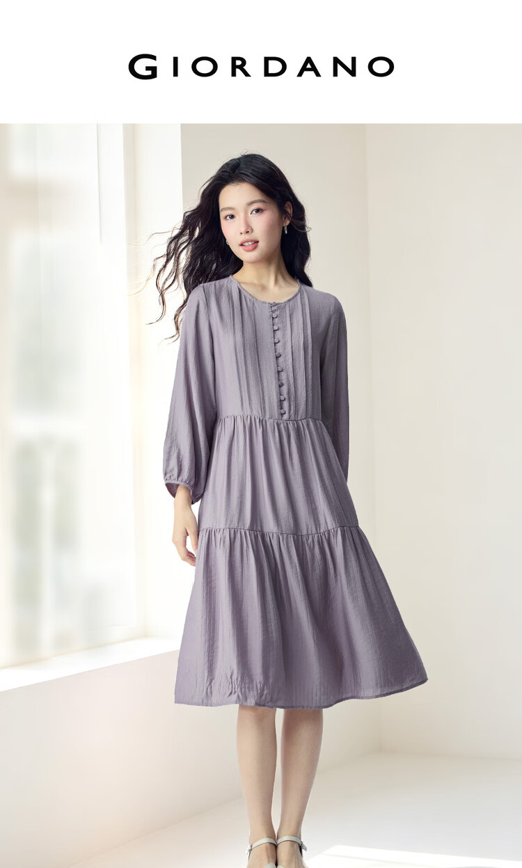 Giordano Women's Loose Pleated Striped Round Neck Half-Placket Dress 2026 Autumn 05466066 3