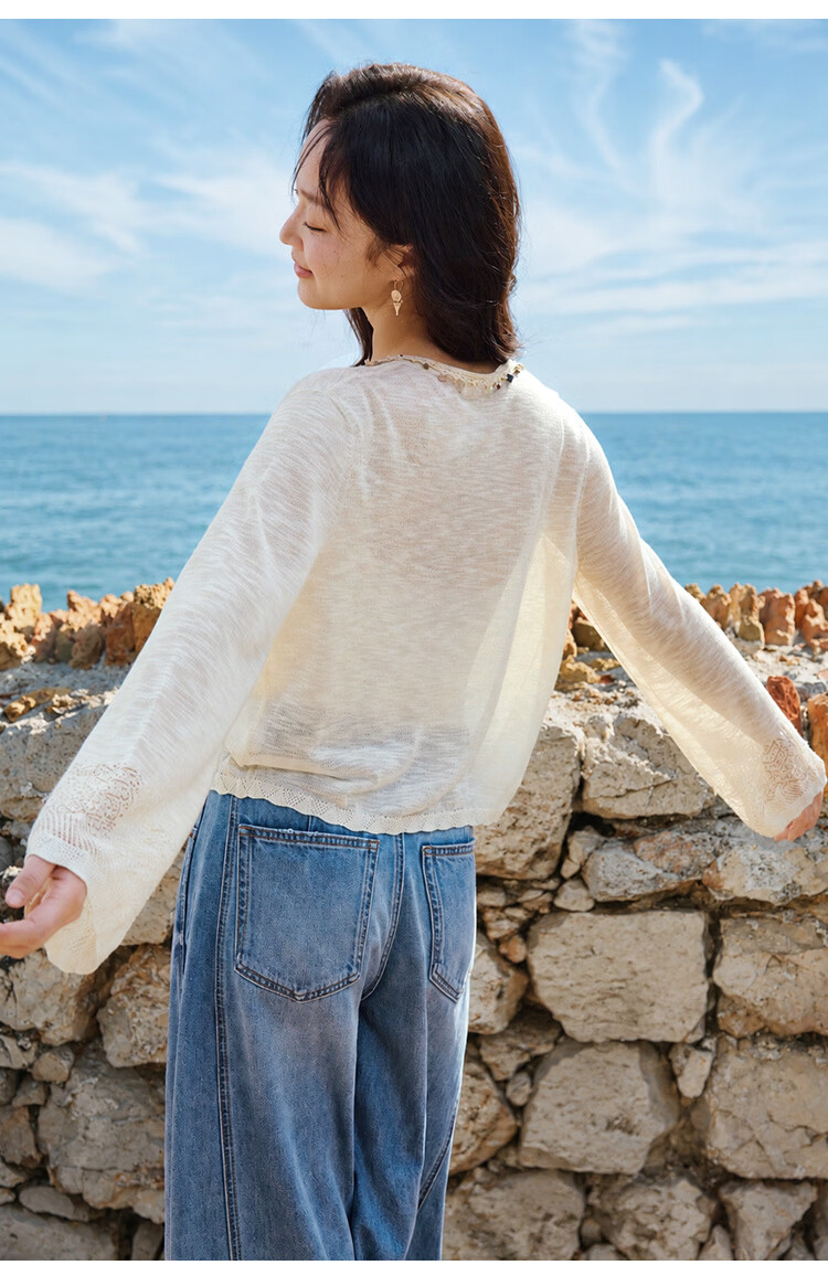 INMAN Beaded Knit Cardigan Summer 2026 Women's Hollow Long Sleeve Flower Apricot M 25