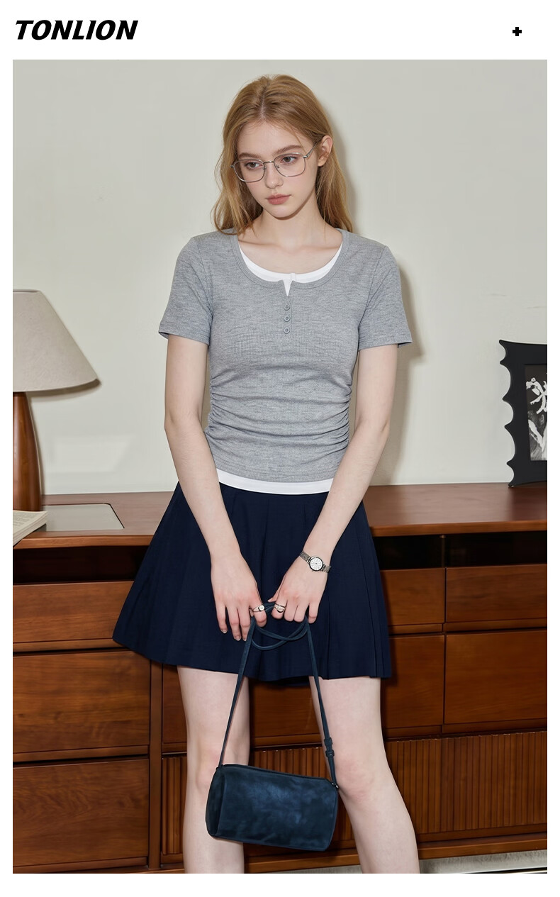 TonLion Women's Short Sleeve T-Shirt Summer New Fake Two-Piece High-End Shoulder Slim Fit Short Crop Top Spicy Girl Style 7