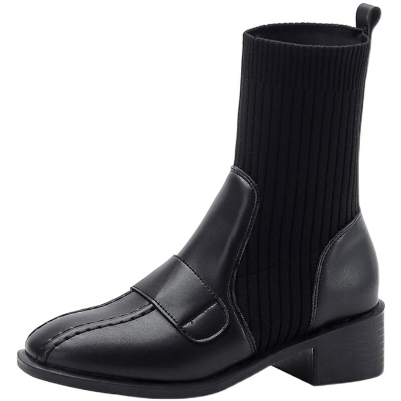 女士半高跟半筒靴粗跟短靴女式冬季中筒靴弹力靴粗跟中跟短筒女靴