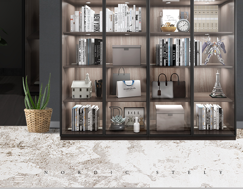 北欧实木带玻璃门客厅落地书架有门防尘墙置物架展示柜定制1米宽单个