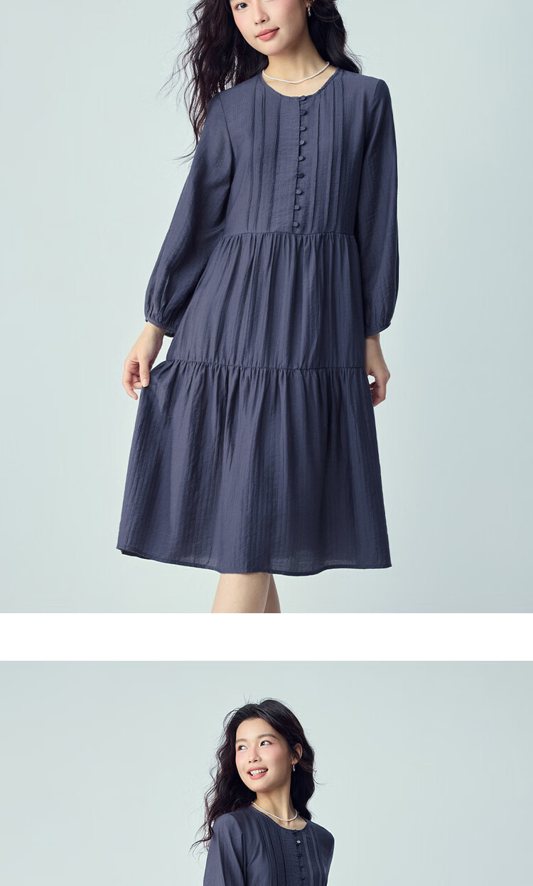 Giordano Women's Loose Pleated Striped Round Neck Half-Placket Dress 2026 Autumn 05466066 15