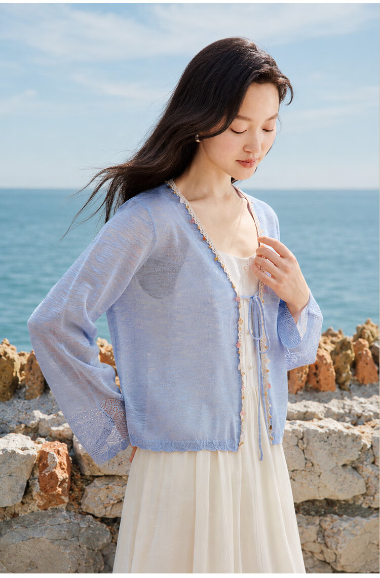 INMAN Beaded Knit Cardigan Summer 2026 Women's Hollow Long Sleeve Flower Apricot M 21