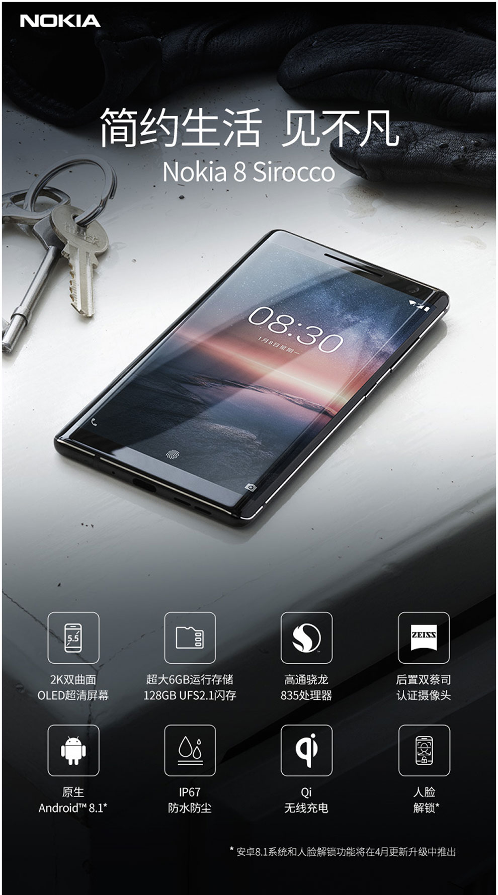 诺基亚（NOKIA） 8 Sirocco 曲面全面屏智能手机 诺基亚8S旗舰机 单卡全网通4G 黑色 6G+128G