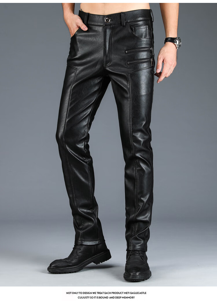 木子彤海宁真皮皮裤男新款修身直筒加绒加厚骑行摩托车皮裤 黑色海宁