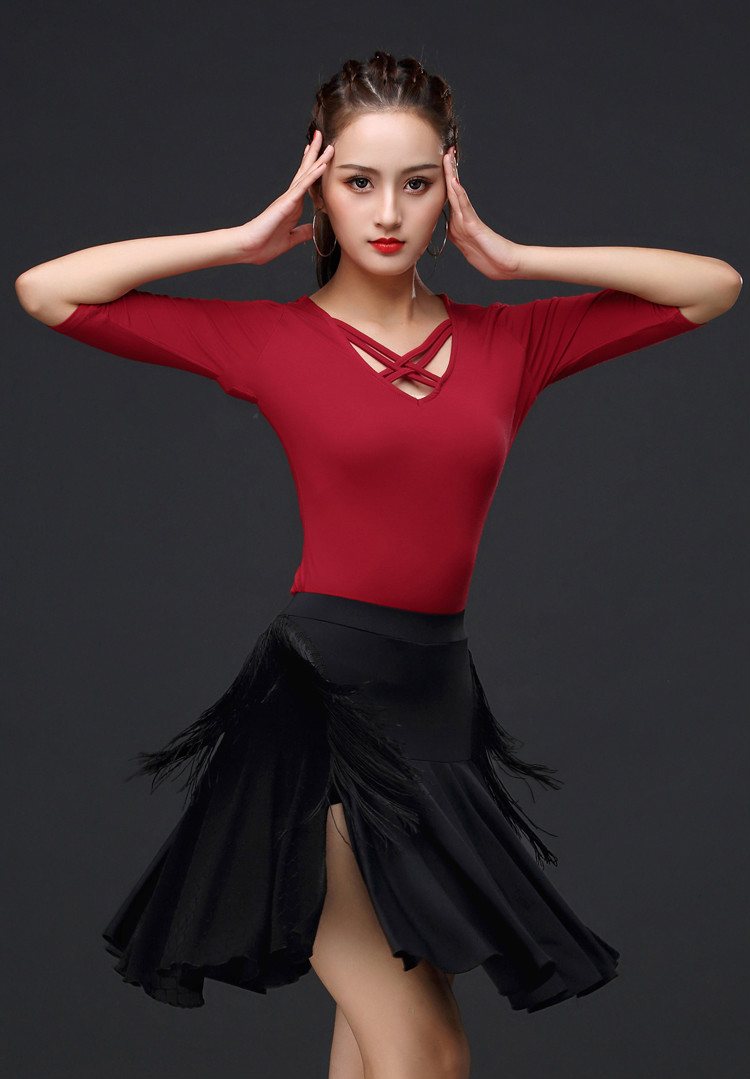 交谊舞服装女秋装拉丁舞上衣新款女标舞上装舞蹈服装莫代尔黑色xl