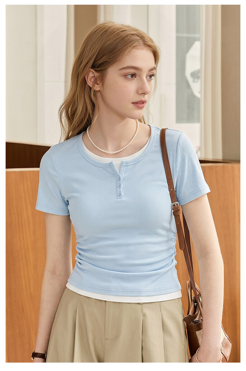 TonLion Women's Short Sleeve T-Shirt Summer New Fake Two-Piece High-End Shoulder Slim Fit Short Crop Top Spicy Girl Style 10