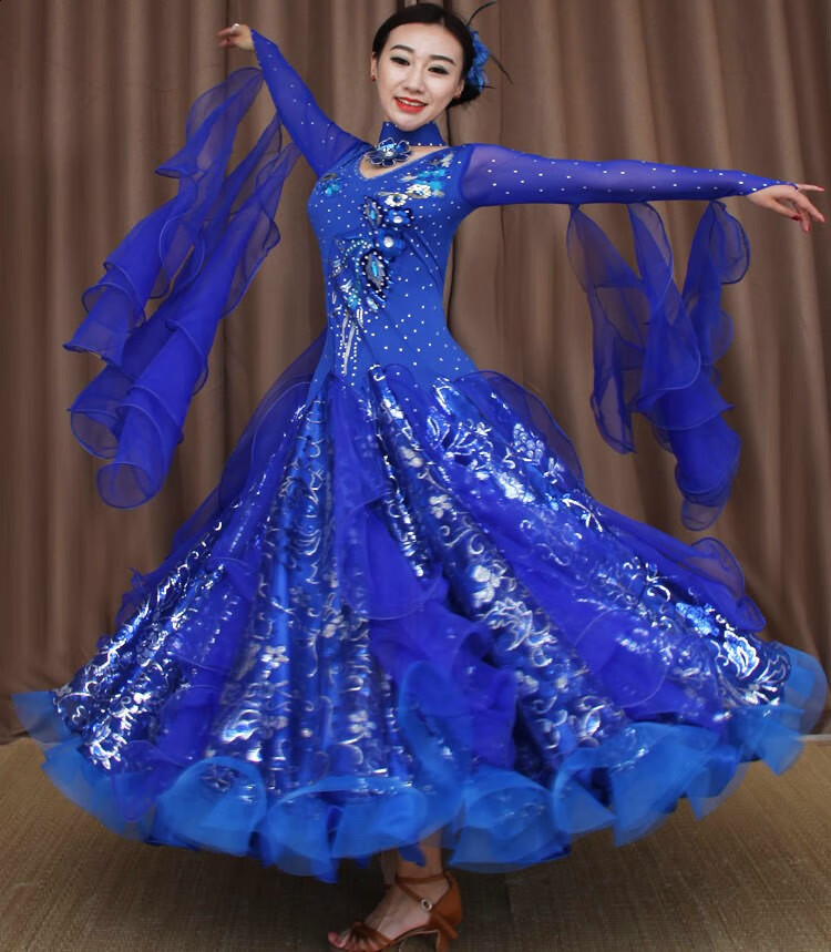 摩登舞裙新款比赛裙 国标舞裙连衣裙大摆裙华尔兹舞裙交谊舞裙 蓝色